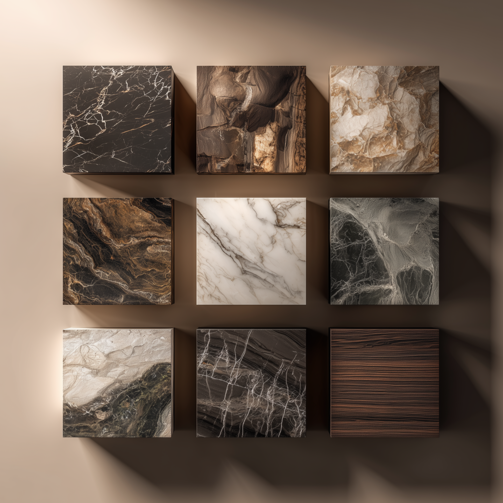 Collection of square marble samples with various patterns on a beige background