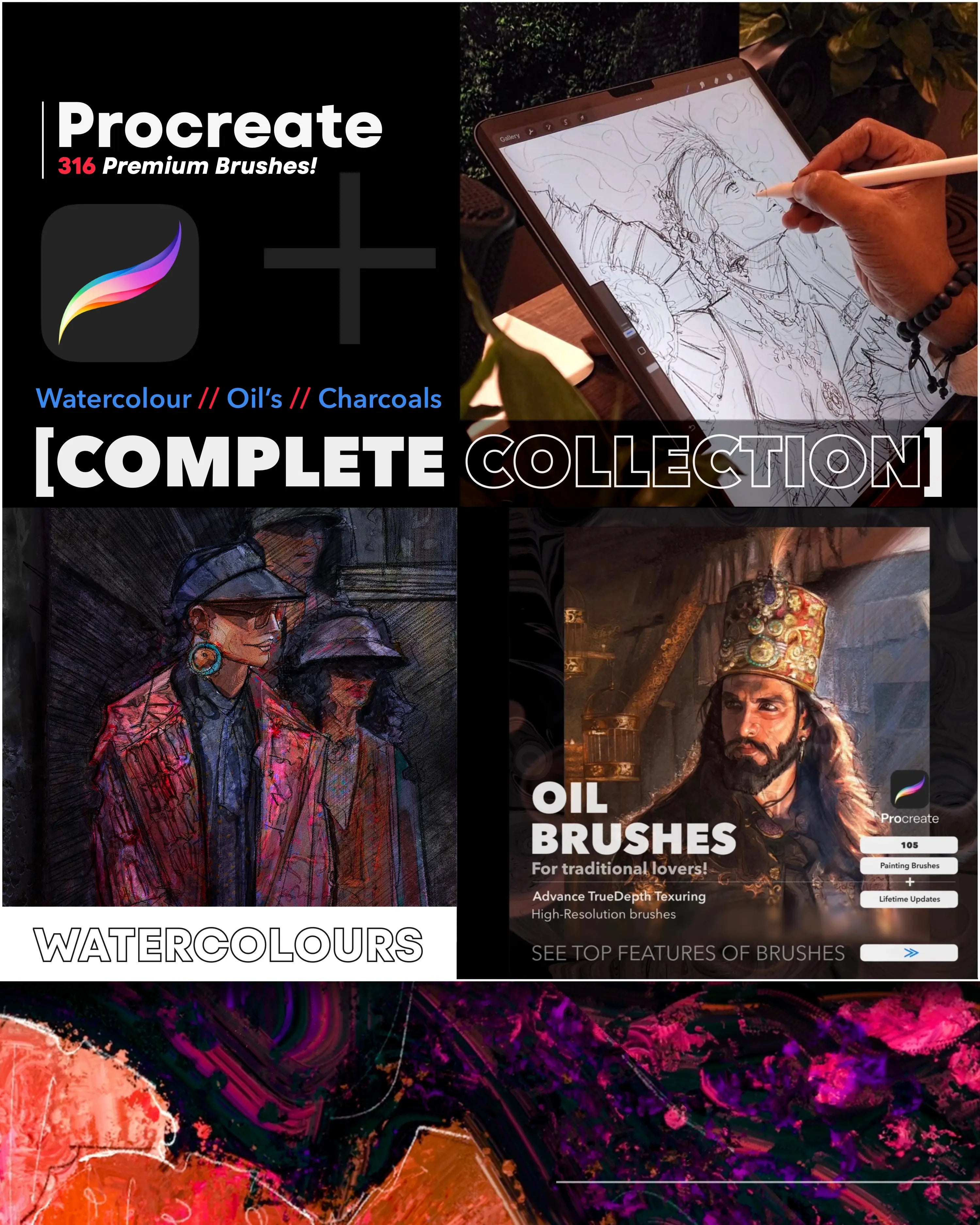  Procreate brushes for watercolor, oil painting, inking, sketching, charcoal effects – realistic and expressive.