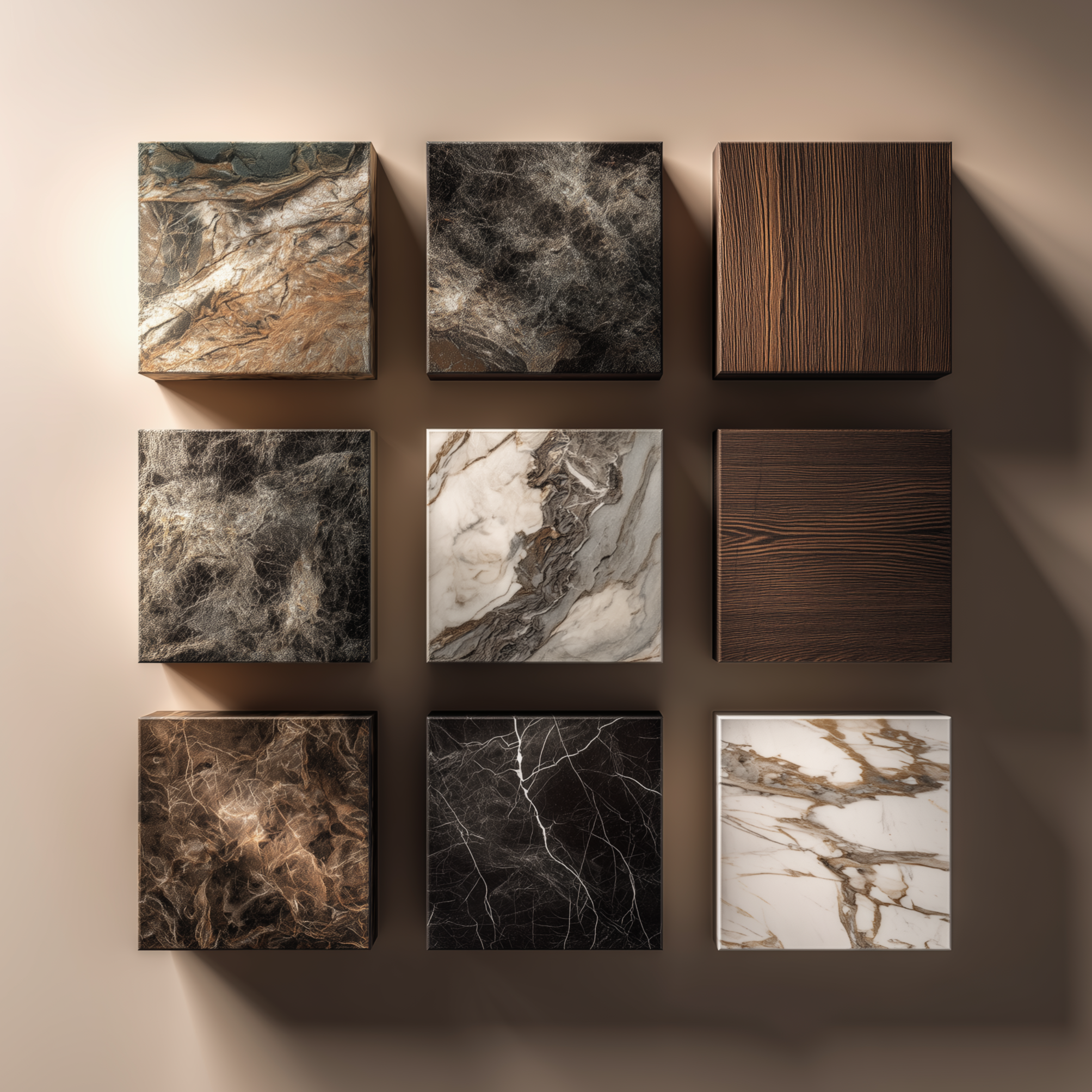 Collection of square marble and wood samples on a neutral background